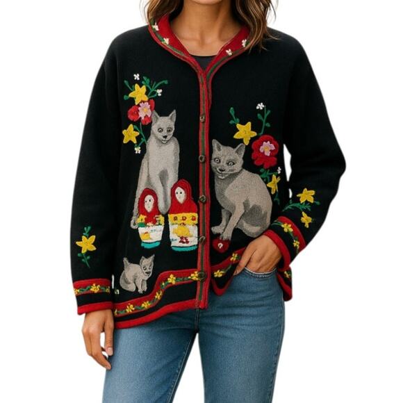 Storybook Knits Sweater Russian Blue Cat Cardigan Vintage Home Shopping Black 3X - Picture 1 of 11